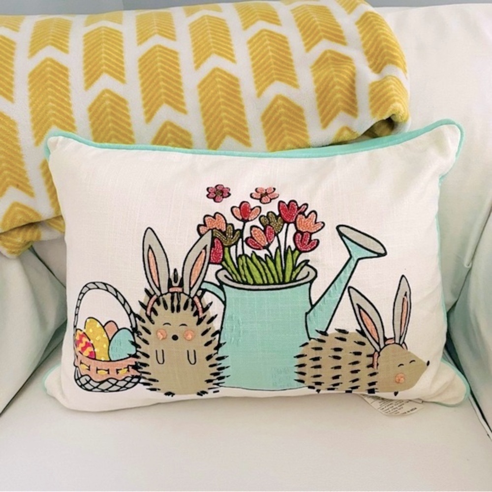 Bunny Tales Accent Throw Pillow Beaded Hedgehogs Embroidered with Easter Bunny